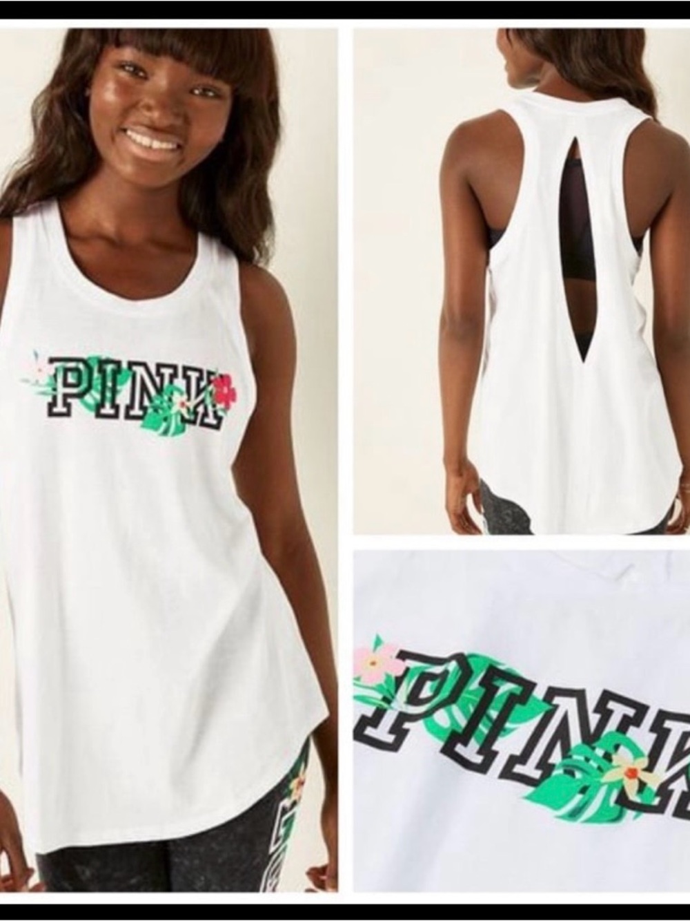 PINK Victoria's Secret White Tank with Tropical Floral Logo